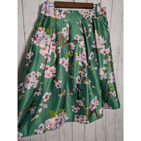 Floral Satin Pleated Skirt Green Pink Cherry Blossom Midi Size XL Cottagecore - Picture 2 of 8